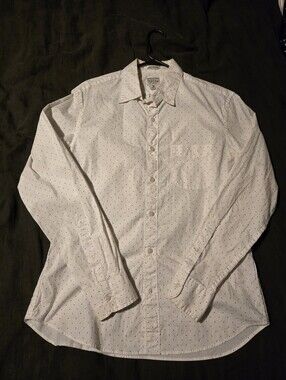 J.Crew Mens Secret Wash Stretch Shirt | M Slim Untucked | White & Navy Polka Dot
